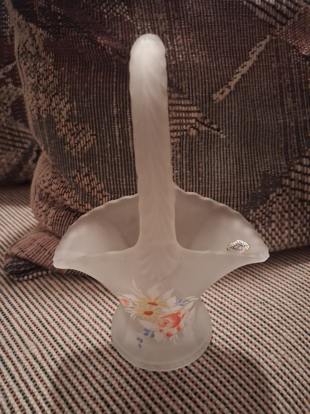 Westmorland Frosted Glass Basket with Hand-Painted Floral Motif